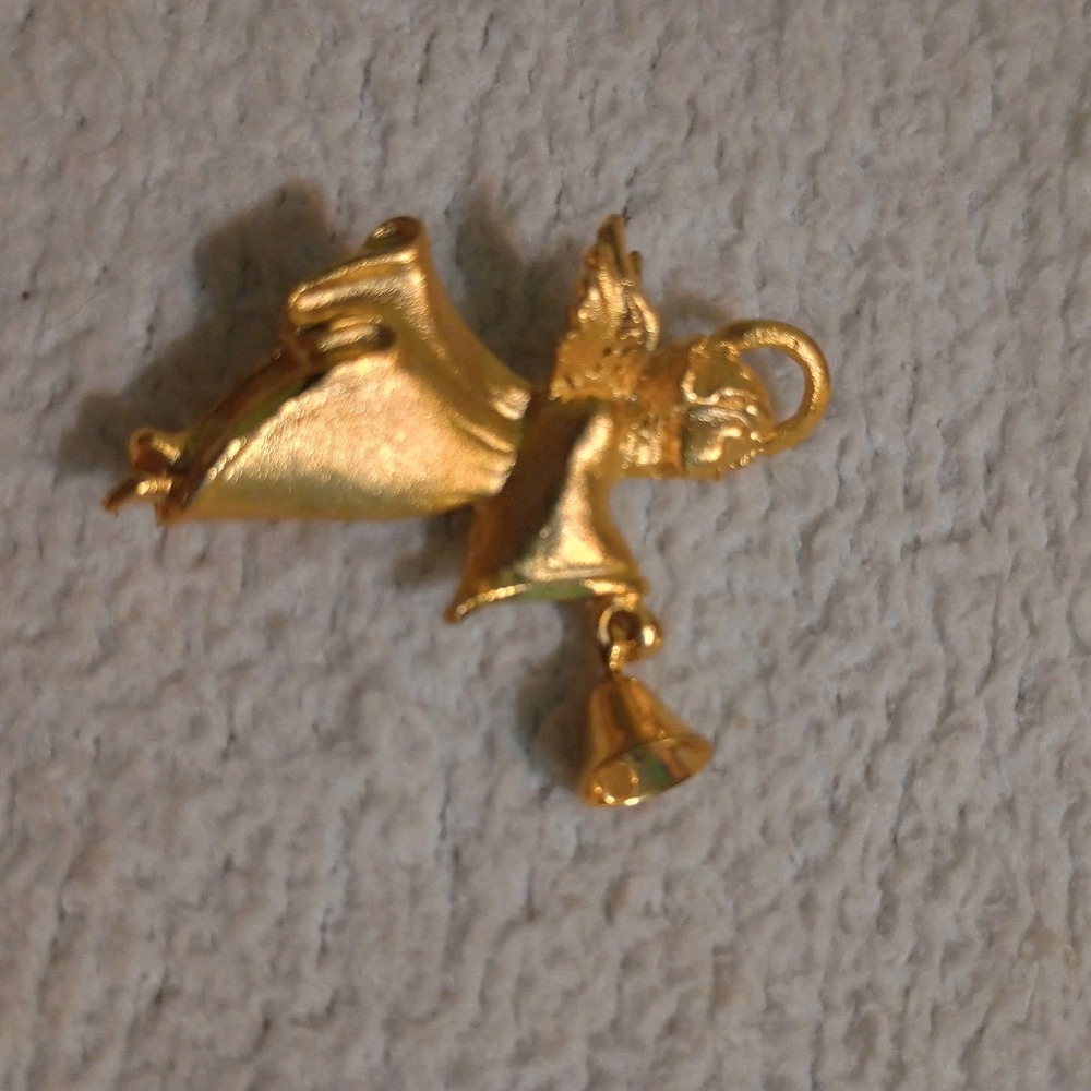 Robin Rush Angel With Dangle Bell Vintage Brooch USA Made Gold Color Quality